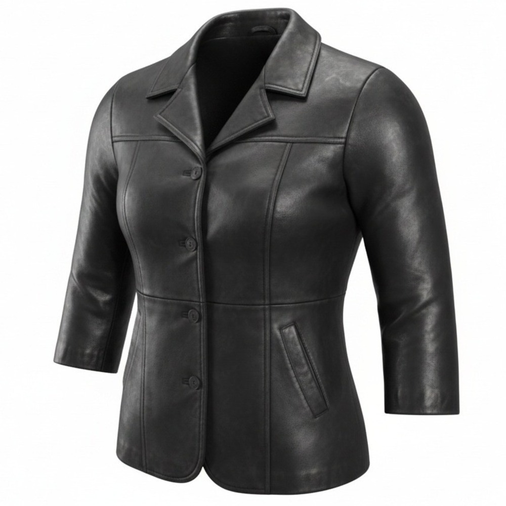 EDDIE BAUER Women's M Medium Soft Black Leather Jacket Button Front Business‎